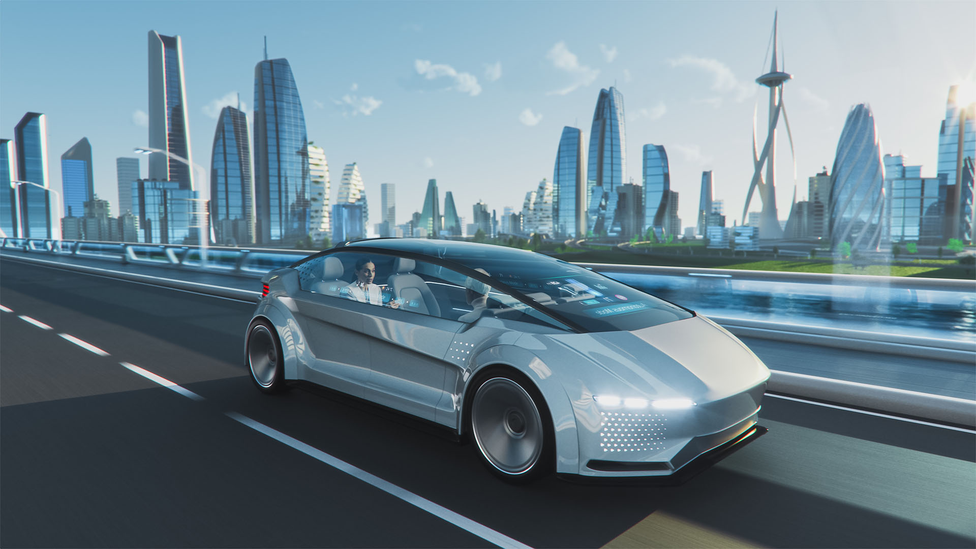 Futuristic electric vehicle in foreground with city in the background