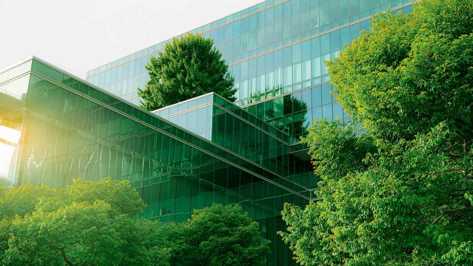 An office building with a lot of greenery and trees around it